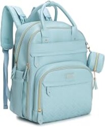 BabbleRoo Leather Diaper Bag Backpack - Baby Essentials Travel Baby Bag, Multi function, Water Resistant, with Changing Pad, Stroller Straps & Pacifier Case – Unisex, Powder Blue
