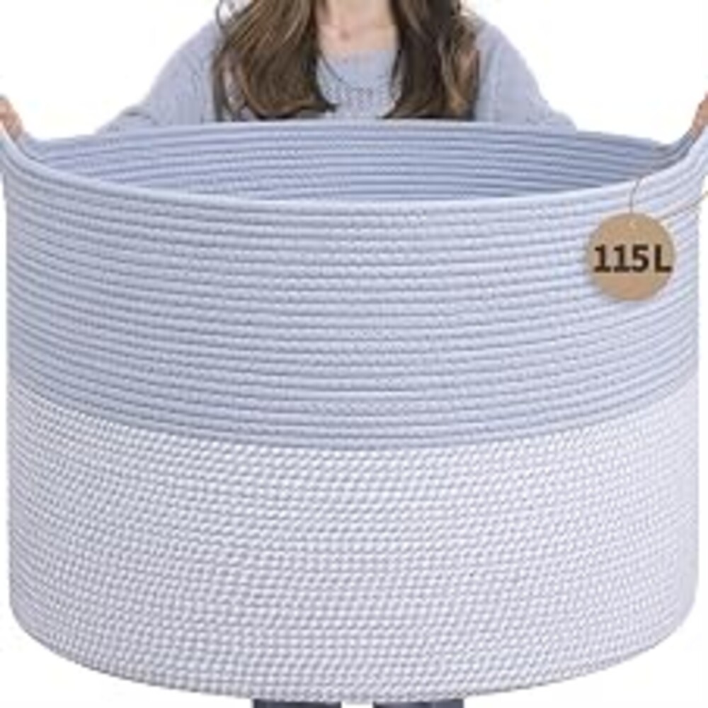 INDRESSME 115L Extra Large Woven Rope Blanket Basket Living Room Blue | 23.6" x 15.7" Storage baskets for toys laundry & pillows. Fits living room, bedroom or nursery décor. Soft-touch with handles