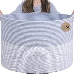 INDRESSME 115L Extra Large Woven Rope Blanket Basket Living Room Blue | 23.6" x 15.7" Storage baskets for toys laundry & pillows. Fits living room, bedroom or nursery décor. Soft-touch with handles