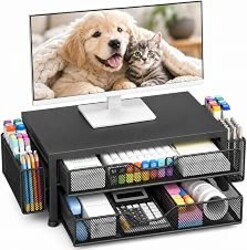 OPNICE Desk Organizer and Accessories, 2-Tier Computer Monitor Stand Riser with 2 Drawer and 2 Pen Holders, Laptop Stand, Office Desk Accessories for Office Supplies, Black Metal