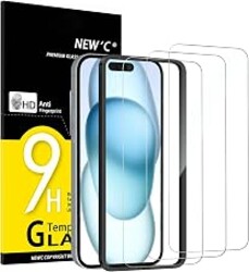 NEW'C 3 Pack Designed for iPhone 16, iPhone 15 Screen Protector (6.1 inches),Enhanced Tempered Glass Protection with easy installation tool included,Case Friendly Ultra Resistant | Tempered Glass