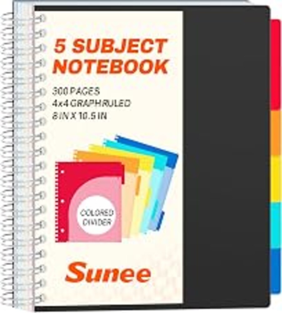 SUNEE Graph Paper Notebook 4x4 Grid Ruled – 300 Pages, 5 Tabbed Pocket Dividers, 8"x10.5", 3 Hole Punched, Durable PP Cover – Spiral Grid Notebook for Engineering, Work, School, Black