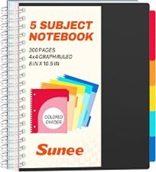 SUNEE Graph Paper Notebook 4x4 Grid Ruled – 300 Pages, 5 Tabbed Pocket Dividers, 8"x10.5", 3 Hole Punched, Durable PP Cover – Spiral Grid Notebook for Engineering, Work, School, Black