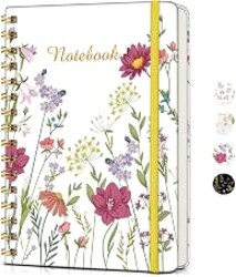 Lined Spiral Journal Notebook for Women, A5 Cute Hardcover Spiral Journals for Work, Note Taking, 150 Numbered Pages 100 GSM College Ruled Spiral Bound Notebook, 5.75" x 8.38", Ivory Wild Flowers