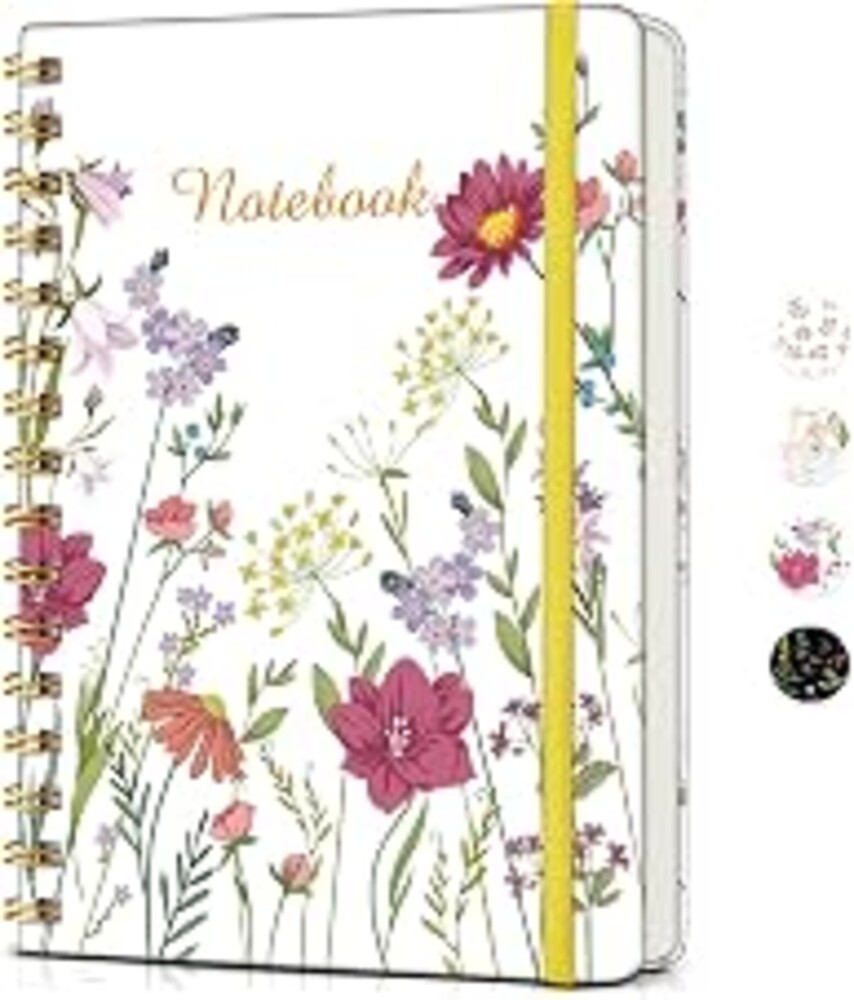Lined Spiral Journal Notebook for Women, A5 Cute Hardcover Spiral Journals for Work, Note Taking, 150 Numbered Pages 100 GSM College Ruled Spiral Bound Notebook, 5.75" x 8.38", Ivory Wild Flowers