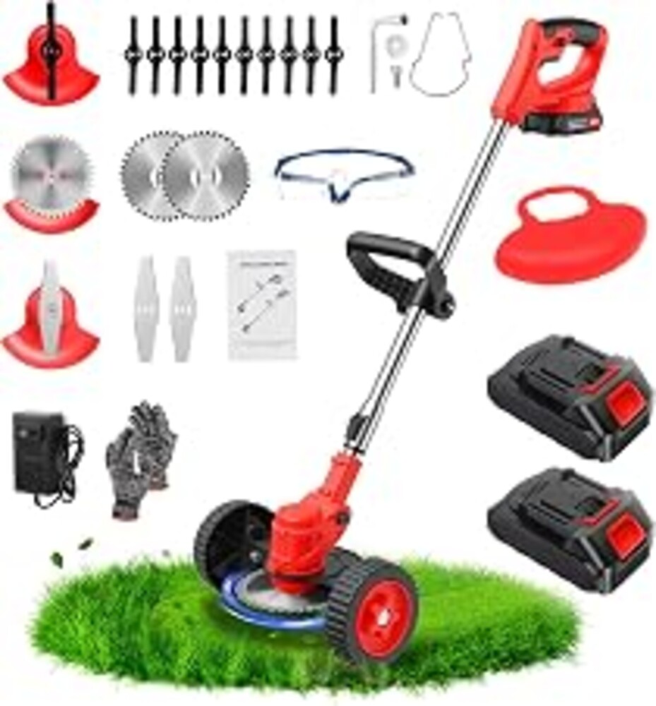 ALSO GO 24V Electric Weed Wacker with Wheels, Grass Trimmer Cordless | 3 in 1 Weed Eater Battery Powered with 2pcs Batteries & Charger, Weed Trimmer/Brush Cutter/Edger Lightweight for Lawn & Yard