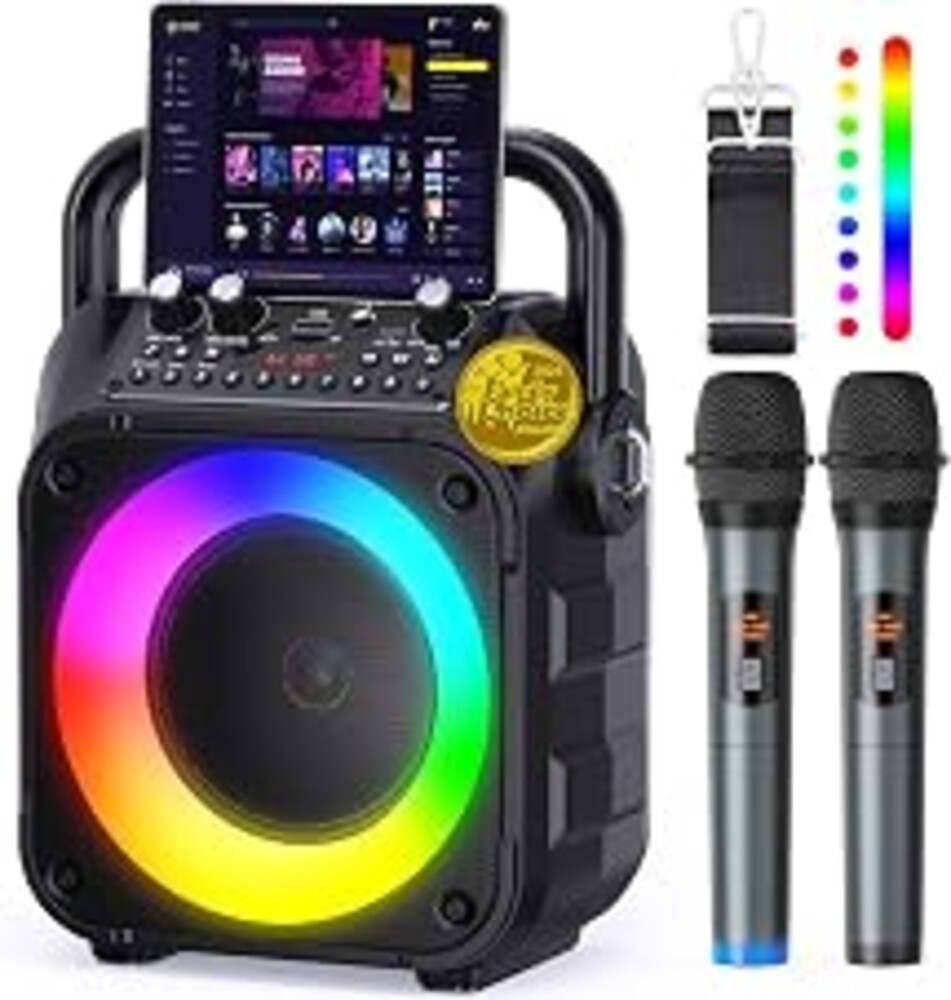 Karaoke Machine, Portable Bluetooth Speaker with 2 Wireless Mics for Adults & Kids with LED Lights, Bass/Treble Adjustment, PA System Supports USB/TF/FM/AUX/TWS for Party Home System Packages