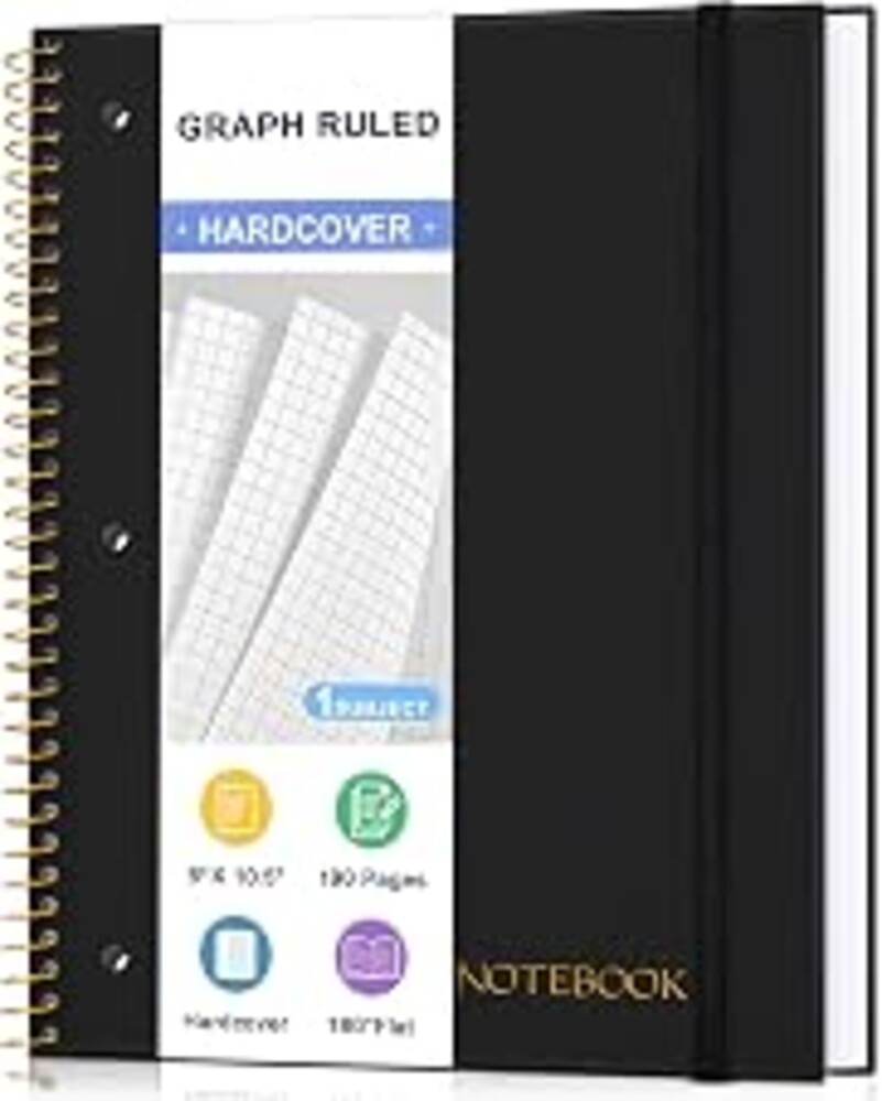 Spiral Notebook Graph Ruled Paper 8" x 10 1/2", 1 Subject Spiral Grid Notebook 3-Hole Punched Perforated Page Ideal for School, Office, Writing, 95 Sheets Lined Journaling Graphing Notebook, Black