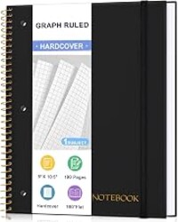 Spiral Notebook Graph Ruled Paper 8" x 10 1/2", 1 Subject Spiral Grid Notebook 3-Hole Punched Perforated Page Ideal for School, Office, Writing, 95 Sheets Lined Journaling Graphing Notebook, Black