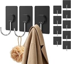 Adhesive Wall Hooks No Drill Large Black Heavy Duty,13LB Sticky 12 Pack | Large Waterproof Black Sticky Hooks for Hanging,13lbs Max Load No Damage, Ideal for Towel,Coat,Bathroom,Kitchen,Home