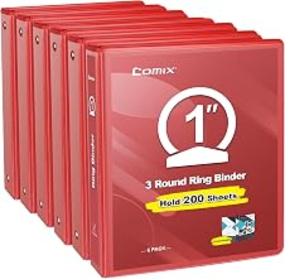 COMIX Sturdy 1 Inch 3 Ring Binder with Clear View Cover | 1"Heavy Duty Round Ring,PVC-Free Board,Holds 200 Letter Sheets,Wholesale for Offices & Classrooms,6 Pack (Red)