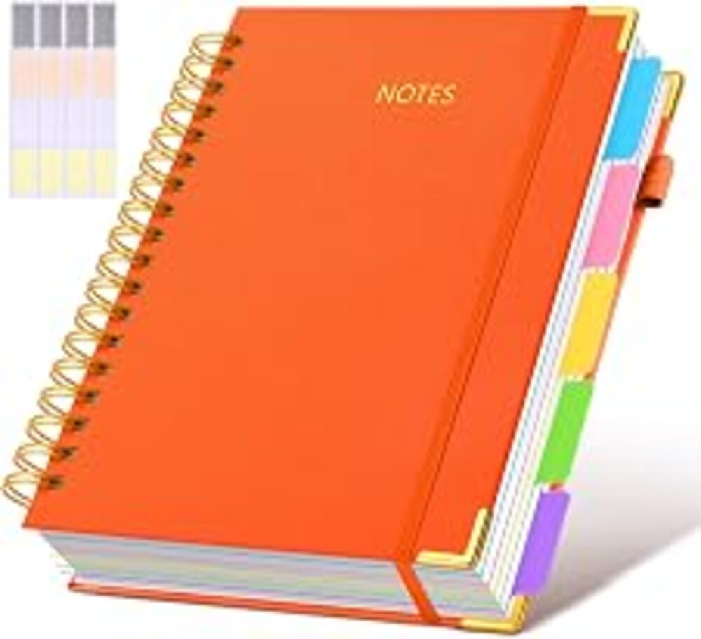 Hardcover Spiral Notebook Journal with Removable Dividers Tabs, 300 Pages Leather 5 Subject Notebook College Ruled, 8"x10" Large Notebooks for Work School Note taking, Lined Journal for Women, Orange