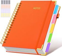 Hardcover Spiral Notebook Journal with Removable Dividers Tabs, 300 Pages Leather 5 Subject Notebook College Ruled, 8"x10" Large Notebooks for Work School Note taking, Lined Journal for Women, Orange