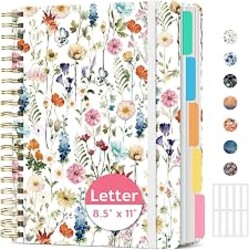 Taja Large Spiral Notebooks for Work 5 Subject with Removable Dividers | 8.5" x 11" Pretty Hardcover Notebook Journal for Women, College Ruled, Perfect for Study & Office , 280 Pages, Wildflowers