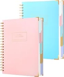 2 Pack Hardcover Spiral Notebooks for Work 240 Pages Notebook with Dividers | Multi 5 Subject Notebook College Ruled with Tabs, B5 Lined Journals for Writing, Back to School, Gifts, Pink&Blue
