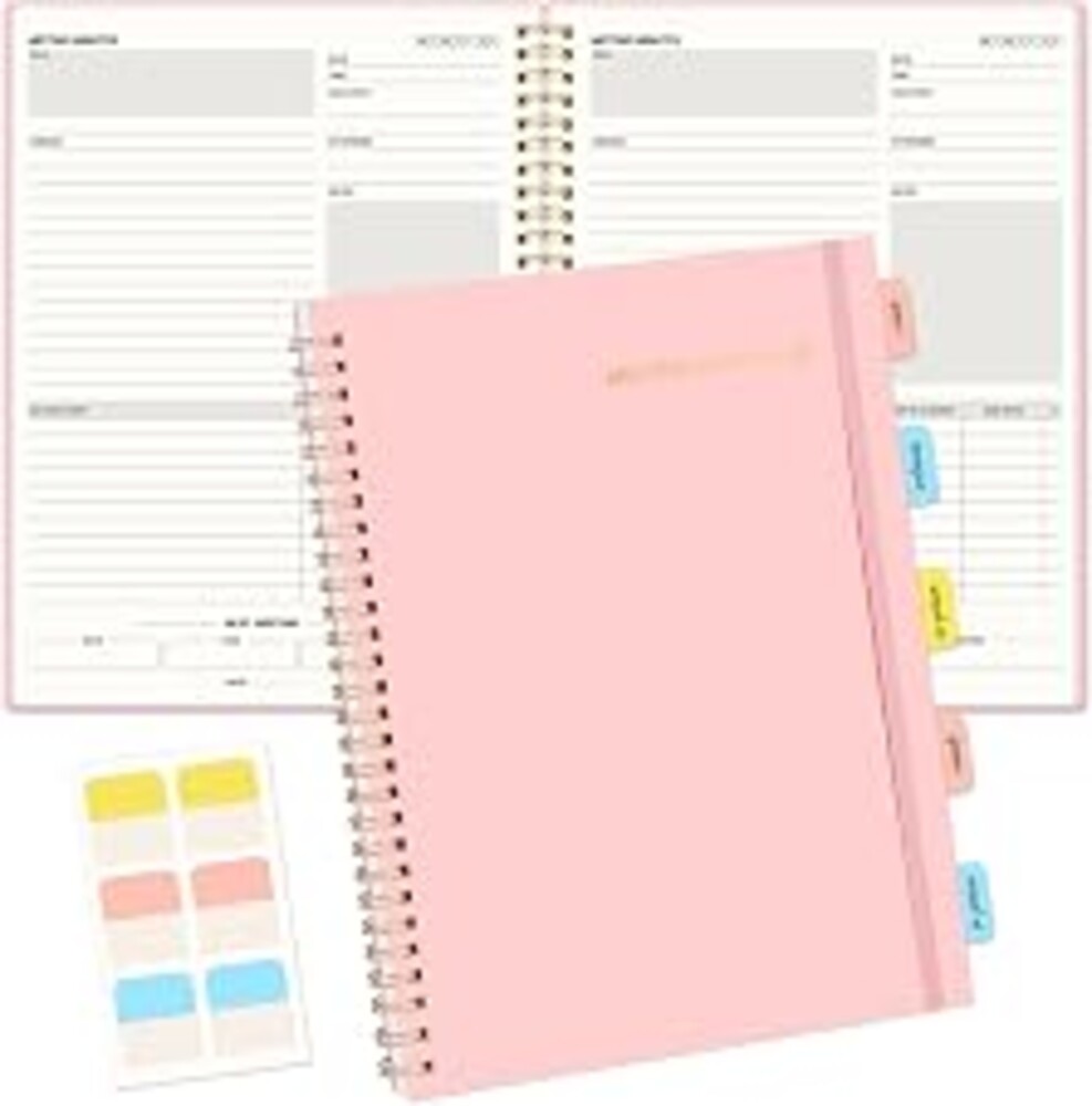 SUNEE Meeting Notebook for Work with Sticky Tabs - 160 Pages, B5 Size Project Planner, Spiral Meeting Agenda/Minutes Notebook Organizer for Women Men, Note Taking, Office & Business, 7"x10", Pink