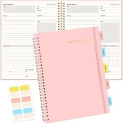 SUNEE Meeting Notebook for Work with Sticky Tabs - 160 Pages, B5 Size Project Planner, Spiral Meeting Agenda/Minutes Notebook Organizer for Women Men, Note Taking, Office & Business, 7"x10", Pink