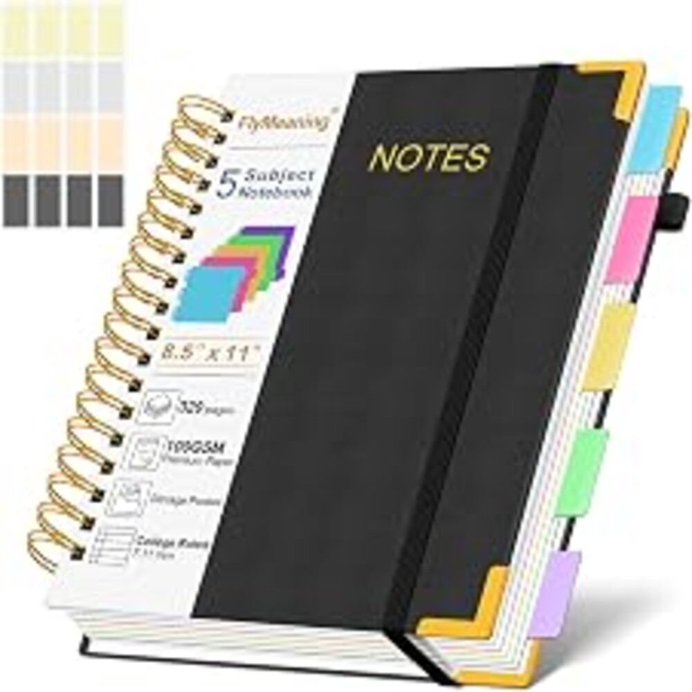 FlyMeaning Hardcover Spiral Notebook Journal with Removable Dividers Tabs | 320 Pages, 5 Subject Notebooks College Ruled, 8.5"x11" Large A4 Leather for Work & School, Lined Journal for Women
