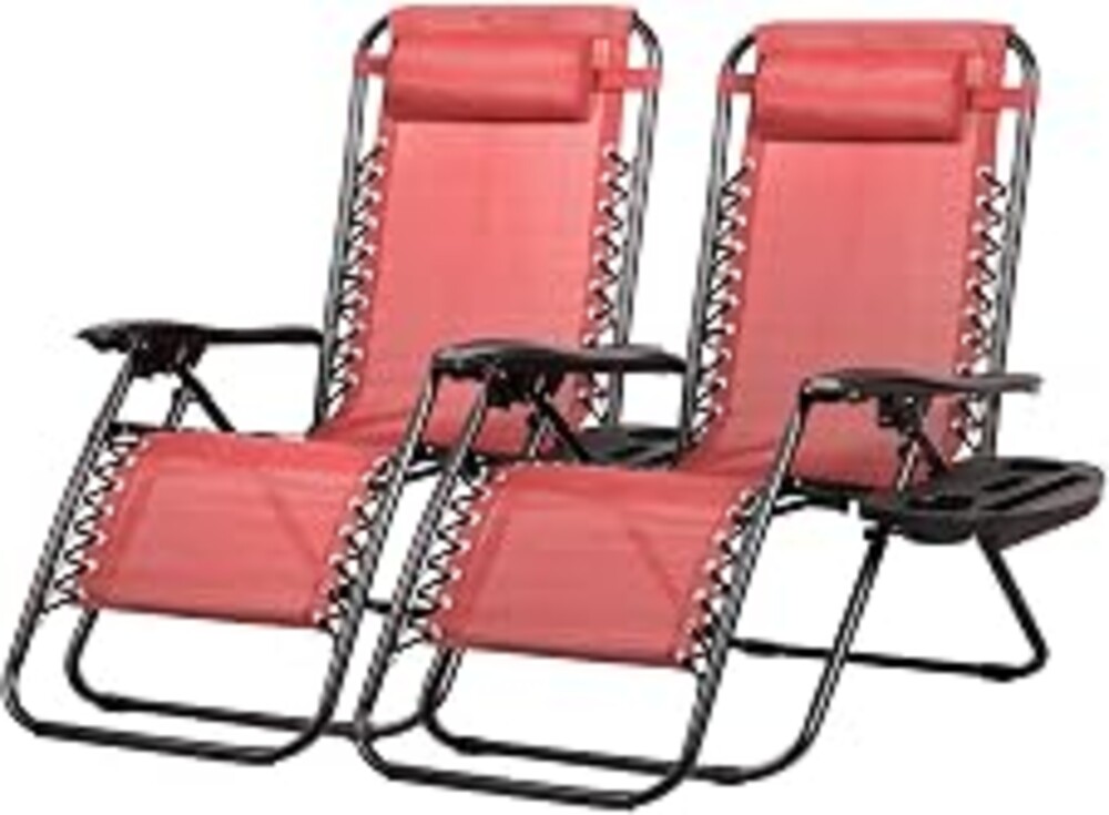 Nazhura Set of 2 Relaxing Recliners Patio Chairs Adjustable Steel Mesh Zero Gravity Lounge Chair Beach Chairs with Pillow and Cup Holder Khaki (Pink)