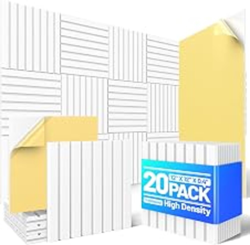 20 Pack Sound Proof Foam Panels for Walls, Acoustic Panels Self-Adhesive | 12" X 12" X 0.4" Slatted Soundproof Wall Panel, High Density Sound Absorbing Panel for Gaming Recording Studio Decor-White