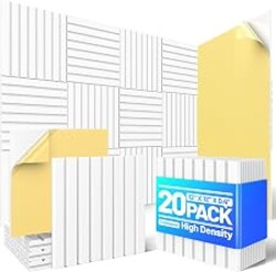 20 Pack Sound Proof Foam Panels for Walls, Acoustic Panels Self-Adhesive | 12" X 12" X 0.4" Slatted Soundproof Wall Panel, High Density Sound Absorbing Panel for Gaming Recording Studio Decor-White