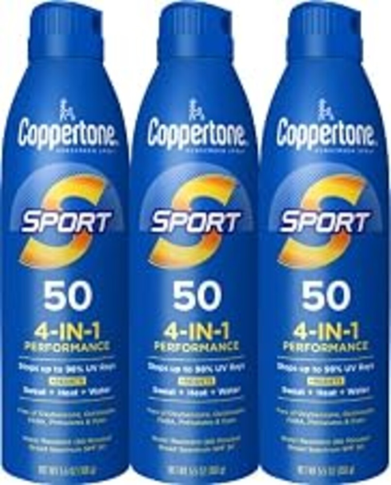 Coppertone SPORT Sunscreen Spray SPF 50, Multipack, 3 x 5.5 FL OZ | Spray Sunscreen Broad Spectrum SPF 50, Sweat, Heat and Water Resistant, PABA, Oxybenzone, Octinoxate, Paraben and Dye Free