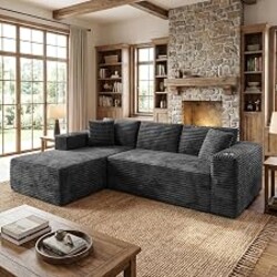 Shintenchi 103" Boneless Couches for Living Room with 2 Cup Holders,L Shaped Modular Sectional Sofa Set,No Assembly Needed Plush Corduroy Living Room Set,Dark Gray