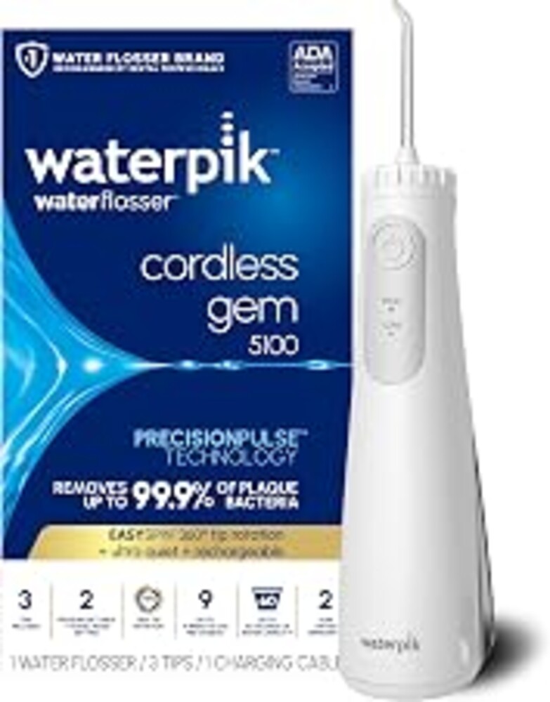Waterpik Cordless Gem 5100 Portable Water Flosser, Rechargeable, White | 2 Settings, 3 Tips, Travel Mode & Bag, for Gums, Teeth, Braces, Implants, Shower Use, ADA Accepted, WF-27 Packaging May Vary