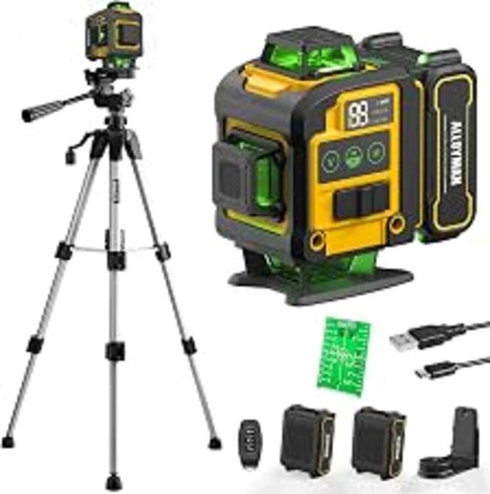 Alloyman Laser Level with Tripod, Laser Level 4× 360° Self Leveling | Green Line Lazer Leveler Tool with with 2Pcs Lithium Batteries, Ideal for Picture Hanging, Tile, Home Renovation, Indoor