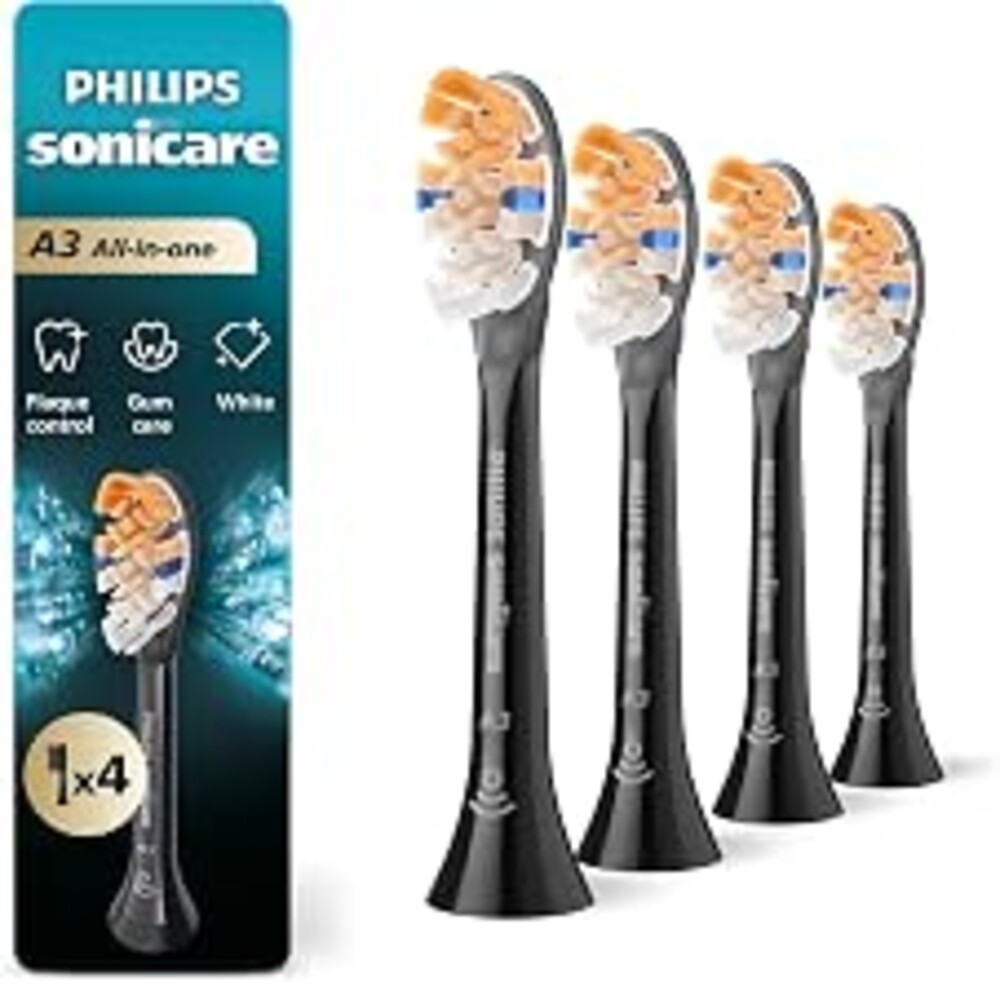 Philips Sonicare A3 All-in-One Brush Heads, 4-Pack, 1 Year Supply, Black | 2000% More Plaque Removal¹, 100% Whiter Teeth², BrushSync Reminder, Up To 62,000 Bristle Movements Per Min, HX9094/95