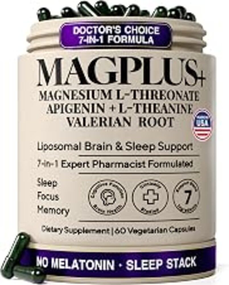 Liposomal Magnesium L-Threonate with Apigenin, 60 Caps | Melatonin-Free Restful Sleep & Calm Focus Support: 7-Ingredient Formula with L-Theanine, Valerian Root & Chamomile