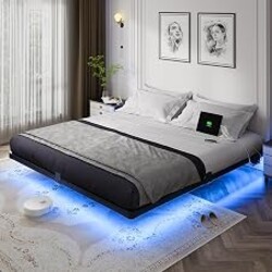 OLEVS King Size Floating Bed Frame Metal with LED Light & Charging Station | King Metal Platform Bed Frame Floating with Smart LED, Charging Station, No Box Spring Needed, Noise-Free, Easy Assembly