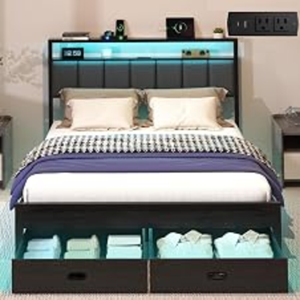 Aelawe Queen Bed Frames with Storage Drawer, Platform Bed with Charging Station and LED Lights, Upholstered Headboard with 2-Tier Storage Shelves, No Box Spring Needed
