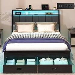 Aelawe Queen Bed Frames with Storage Drawer, Platform Bed with Charging Station and LED Lights, Upholstered Headboard with 2-Tier Storage Shelves, No Box Spring Needed