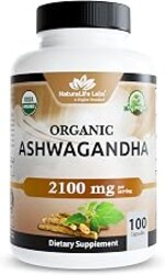 NaturaLife Labs Organic Ashwagandha 2100 mg per Serving – Full Spectrum Root Powder and Standardized Extract (Withanolides) – 100 Capsules – Vegan – Non-GMO, Gluten-Free