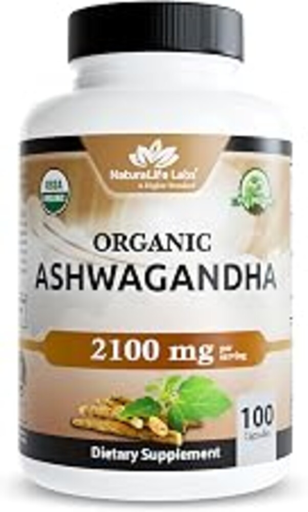 NaturaLife Labs Organic Ashwagandha 2100 mg per Serving – Full Spectrum Root Powder and Standardized Extract (Withanolides) – 100 Capsules – Vegan – Non-GMO, Gluten-Free