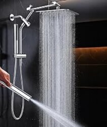 Veken All Metal 10"Luxurious Rain Shower Head with Handheld Spary,Power Jet | Square,Dual High Pressure Showerhead Combo,Double Detachable Shower Heads,Rainfall with Extension Arm,Long Hose,Chrome,Silver