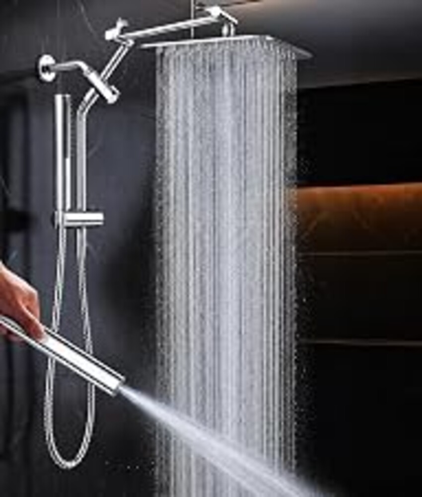Veken All Metal 10"Luxurious Rain Shower Head with Handheld Spary,Power Jet | Square,Dual High Pressure Showerhead Combo,Double Detachable Shower Heads,Rainfall with Extension Arm,Long Hose,Chrome,Silver