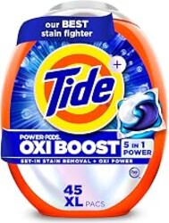 Tide Oxi Boost Power PODS Laundry Detergent Pacs, 45 Count, Set-In Stain Removal + Oxi Power, laundry soap detergent pacs