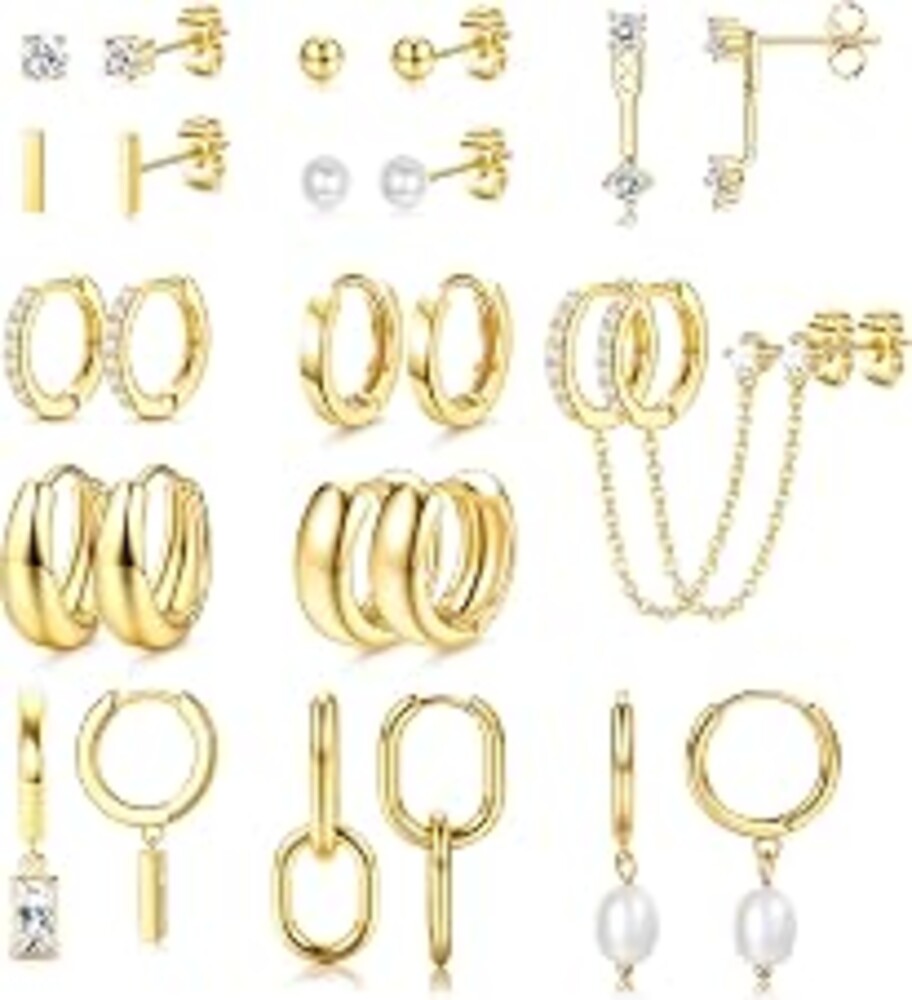 BESTEEL 13 Pairs Small Stud Hoop Earrings Set for Women, Gold Earrings Pack | Hypoallergenic Surgical Steel, 14K Gold Plated, Dainty Huggie Hoops Pearl Dangle Earrings, Lightweight Non Tarnish Jewelry