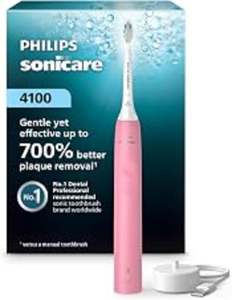 Philips Sonicare 4100 Rechargeable Electric Toothbrush, Deep Pink | 700% More Plaque Removal¹, Pressure Sensor, 2 Brush Settings, 2-Week Battery, 2-Minute Guided Timer, HX3681/26