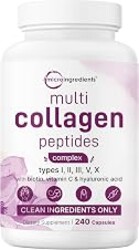 Micro Ingredients Multi Collagen Peptides Pills, 240 Capsules | For Women & Men. Type I, II, III, V, X. Hydrolyzed Collagen Supplement with Biotin, Hyaluronic Acid & Vitamin C. Filler Free.