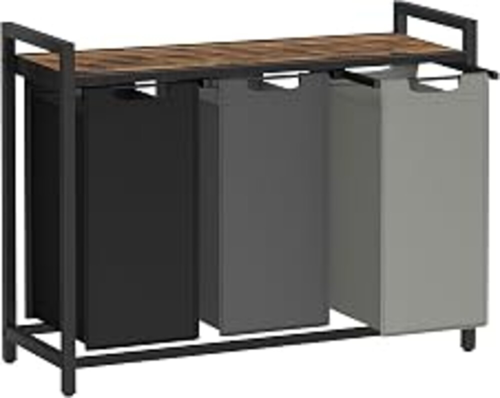 VASAGLE Laundry Hamper with Shelf, 3 Pull-Out Bags, 3 x 10.6 Gallons (40 L) | Laundry Basket, Laundry Sorter 3 Section, Metal Frame, Ink Black and Rustic Brown, BRENTA Collection UBLH301BD66