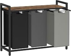 VASAGLE Laundry Hamper with Shelf, 3 Pull-Out Bags, 3 x 10.6 Gallons (40 L) | Laundry Basket, Laundry Sorter 3 Section, Metal Frame, Ink Black and Rustic Brown, BRENTA Collection UBLH301BD66