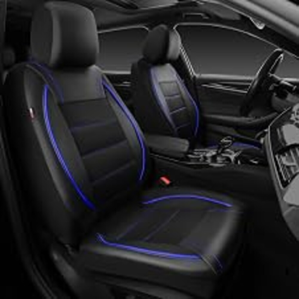 CAR PASS Universal FIT Piping Leather Two Front Seat Covers, Waterproof Faux Leather for SUV Sedan Van Truck, Airbag Compatible,Reserved Opening Holes for Headrest Covers. (Black and Blue)