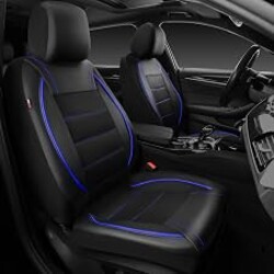 CAR PASS Universal FIT Piping Leather Two Front Seat Covers, Waterproof Faux Leather for SUV Sedan Van Truck, Airbag Compatible,Reserved Opening Holes for Headrest Covers. (Black and Blue)
