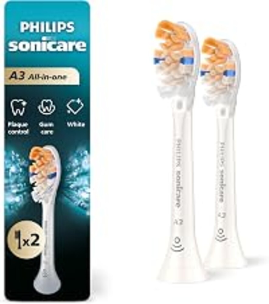 Philips Sonicare A3 All-in-One Brush Heads, 2-Pack, 6 Month Supply, White | 2000% More Plaque Removal¹, 100% Whiter Teeth², BrushSync Reminder, Up To 62,000 Bristle Movements Per Min, HX9092/77