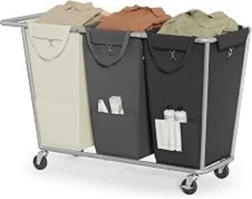 SONGMICS Laundry Basket with Wheels, 3-Section Laundry Sorter, 76.6 Gallons (290 L) Rolling Hamper with Removable Bags, Heavy-Duty Steel Frame, Cream White, Dark Gray and Ink Black URLS010X01
