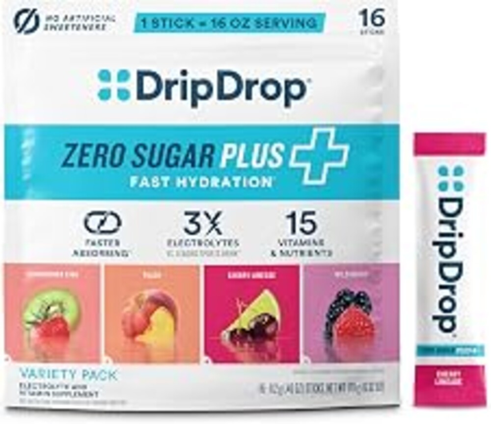 DripDrop Hydration Zero Sugar Plus Electrolyte Packets, Variety Pack, 16 Ct | Strawberry Kiwi, Peach, Cherry Limeade, Wild Berry; Sugar Free Powder Drink Mix; No Artificial Sweeteners; Low Calorie