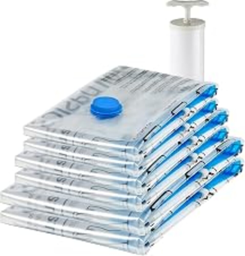 Amazon Basics Vacuum Storage Bags for Clothing, Multiple Sizes Compression Zipper Bags with Hand Pump for Space Saving and Travel, 6-Pack (2 Medium, 2 Large, 2 Jumbo), Transparent